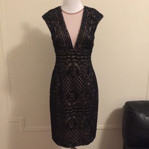 Betsy & Adam Black Lace Illusion V-Neck Dress